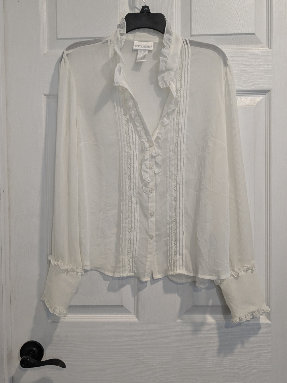 Worthington Sheer Chiffon Like, Cream Ruffle Blouse - Size 16 Lace & Pintuck